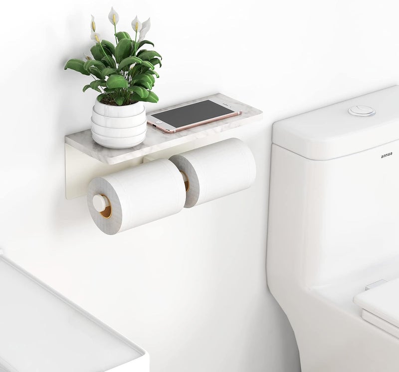 Gypie White Toilet Paper Holder with Shelf, New Upgrade Double Toilet Paper Holder with Storage, Marble Roll Toilet Paper Wall Mount for Bathroom Washroom - Image 2